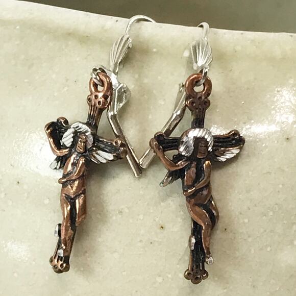 Artist Signed J96 Etched Copper Cherub Angel on Cross Drop Earrings - Picture 8 of 12